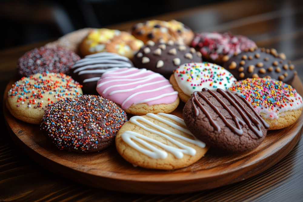 various decorated cookies arranged on a wooden platter during a festive gathering